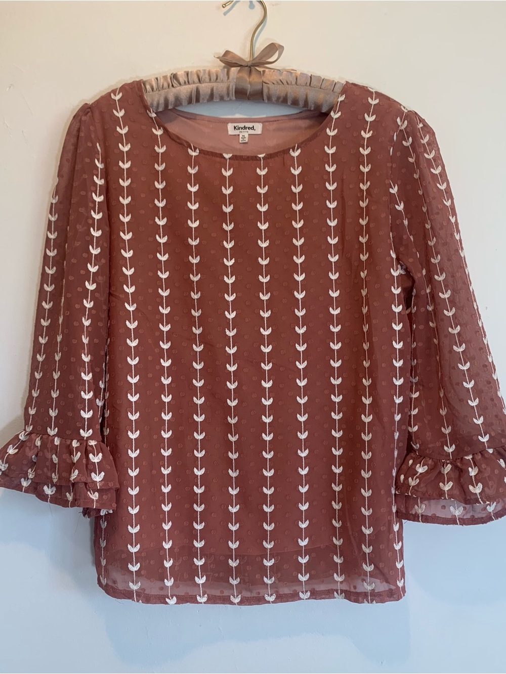 Anthro Kindred Embroidered Swiss Dot Ruffle Sleeve Blouse